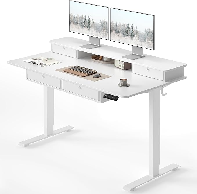 FEZIBO 48 x 24 inch Standing Desk with Drawers, Height Adjustable Electric Workstation, Computer Sit Stand Up Table with Large Storage Shelf 4 Drawers and 2 Hooks, White