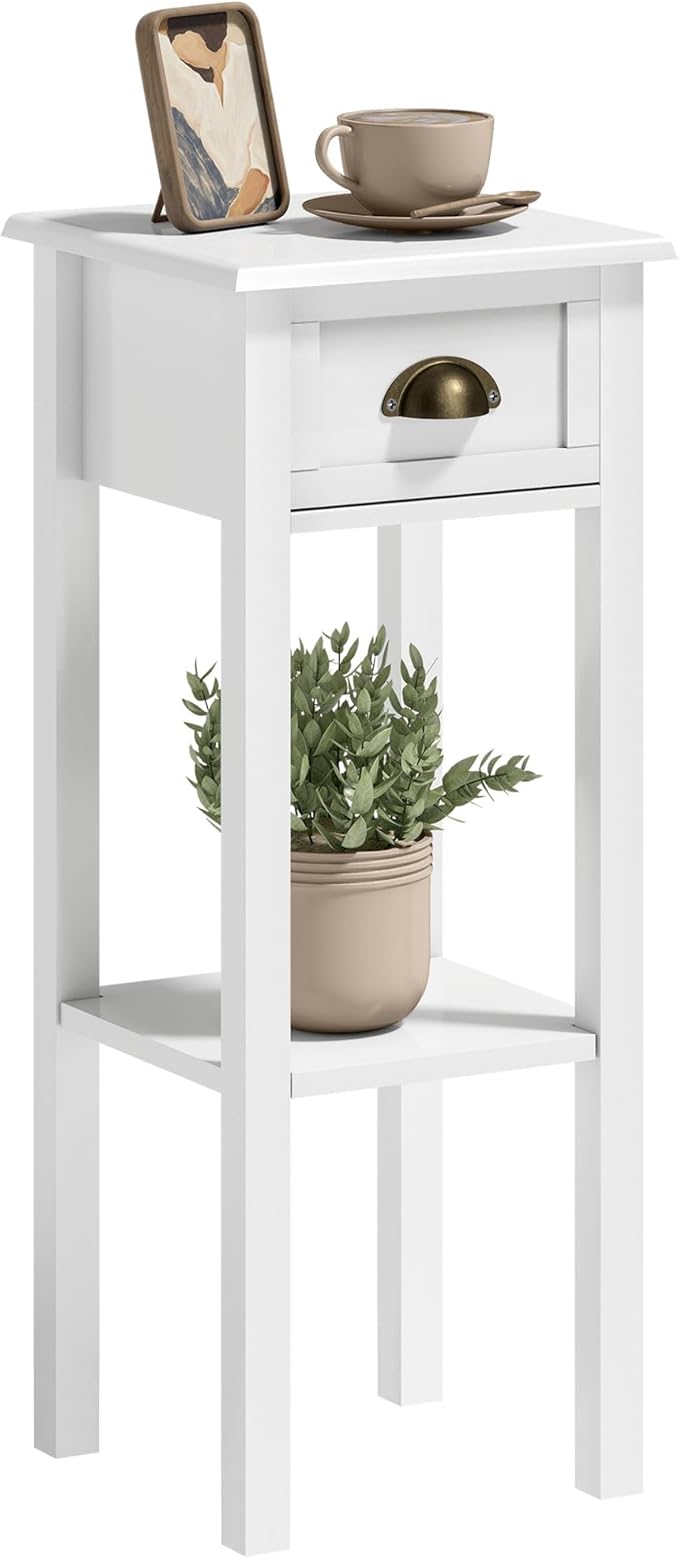 HOMCOM Narrow End Table with Drawer and Bottom Shelf, Slim Side Table for Small Spaces, Skinny Modern Accent Desk for Living Room, Set of 1, White