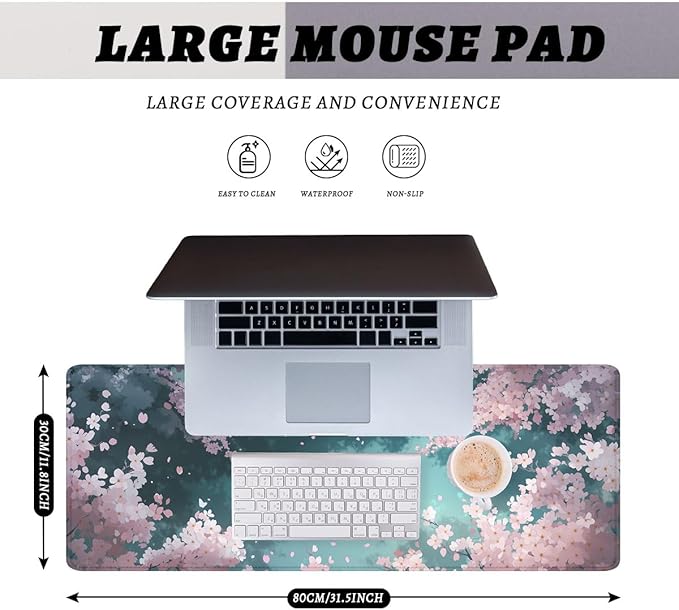Cherry Blossom Gaming Mouse Pad Dream Sky Petals Large Gaming Mouse Mat with Stitched Edges,Non-Slip Waterproof Rubber Base Mous Mat Office Computer Keyboard Laptop 31.5"x11.8"