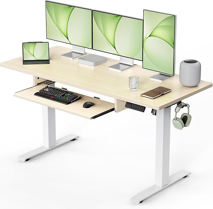 Marsail Standing Desk Adjustable Height with Extra Large Keyboard Tray, 55" Electic Adjustable Desk with 4 Memory Presets Cable Management 2 Storage Hooks, Sit Stand Up Desk for Home Office