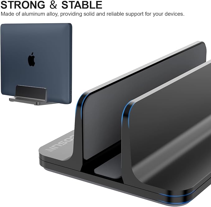 YICOSUN Aluminum Vertical Laptop Stand for Desk - Adjustable Width Dock for MacBook, Surface, Samsung, HP, Dell up to 17.3 inches - Space-Saving & Protective Design - Black