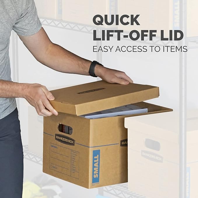 Bankers Box Small Classic Moving Box 20 Pack, Reinforced Handles, Tape-Free Assembly, Box with Lid, 15" x 12" x 10", Cardboard