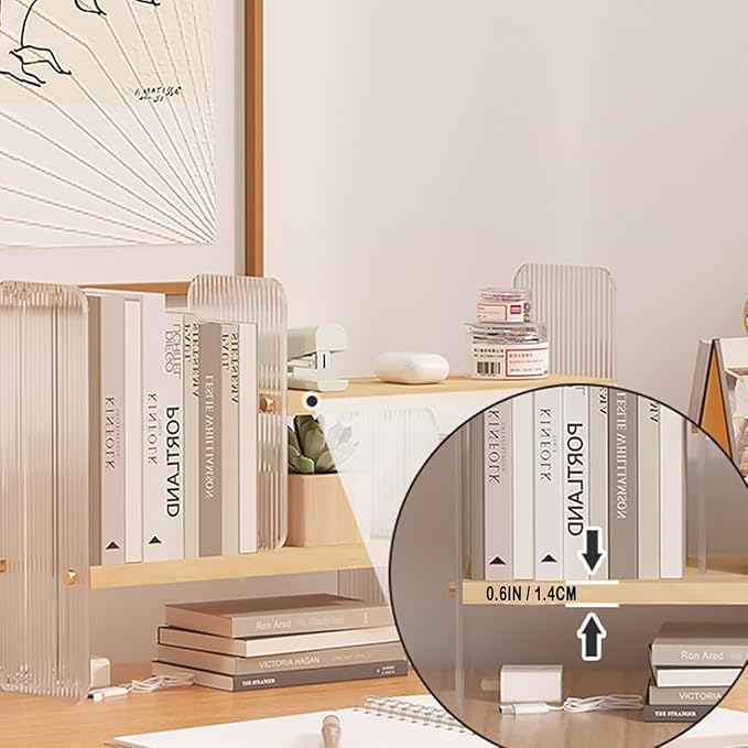 BYCY Double H Display Bookshelf Desktop Organizer Office Storage Rack Expandable Wood Display Shelf with Acrylic Side Board Free Style Display Storage Rack Stackable for Home Office (Natural)