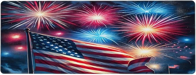 Large Mouse Pad American Flag Fireworks Non-Slip Rubber Long Gaming Desk Mat Big Computer Keyboard Mousepad Waterproof Protector Wristing Pad for Gaming Office Home Decorative 31.5 X 11.8 Inch