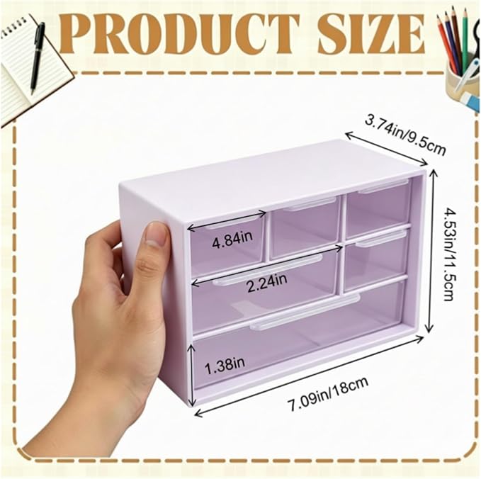 Briwooody 6 Pack Craft Drawer Organizer with 6 Clear Drawers 7.09" x 3.94" x 4.72" Stackable Suspension, Small Storage Drawers for Office, Classrooms, and Home Desk Organization, Purple