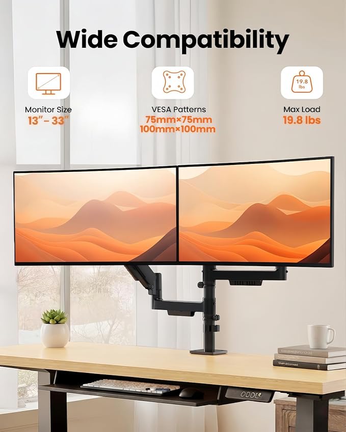 ErGear Vertical Dual Monitor Stand, Stacked Monitor Mount for 13-33″ Screens, Up to 19.8 lbs per Arm, Enhanced Stability with Integrated C-Clamp, Upgraded Cable Management, VESA 75x75/100x100mm, Black