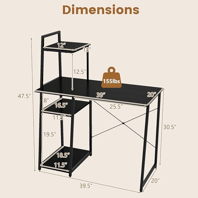 Tangkula Computer Desk with Shelves, Space Saving Home Office Desk with 3-Tier Ladder Shaped Storage Bookshelf, Modern Writing Study Desk with Metal Frame, Compact Computer Workstation (Black)