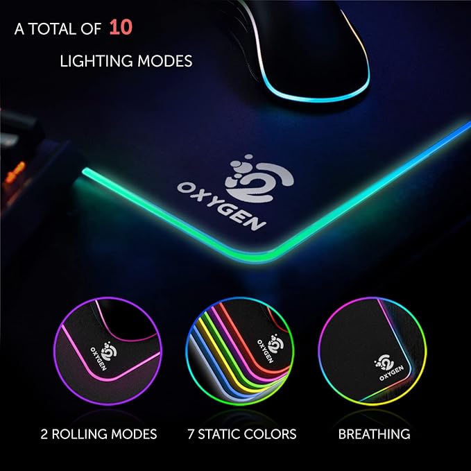 RGB Gaming Mouse Pad by Oxygen, Ultra Bright LED Light&Soft Large Extended Mousepad with 14 Lighting Modes, Water Resistance, Non-Slip Rubber Base Keyboard Mat, 31.5 X12 inch X 4mm, Black