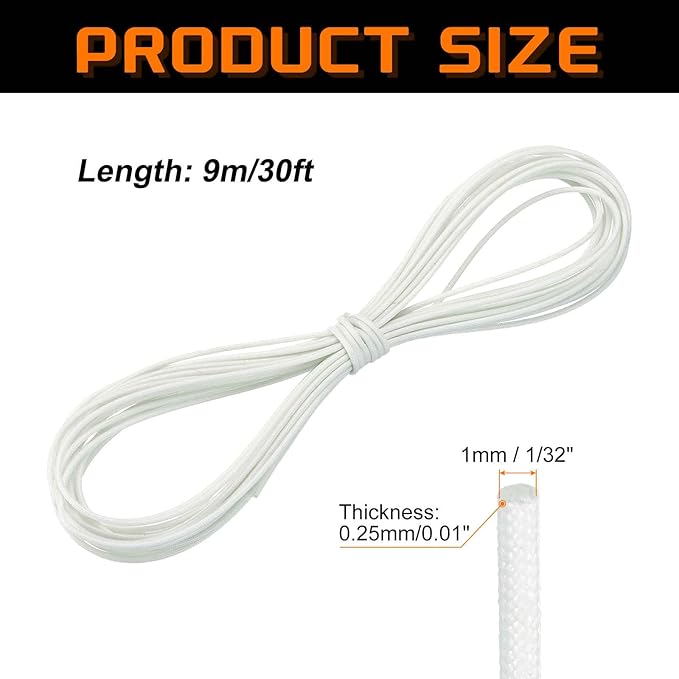 MECCANIXITY 30ft Braided Cable Sleeve, 1/32" ID 200C Heat Resistant 1500V Fiberglass Wire Insulation Cord Protector Organizer Wires Management for Motor Engine Fuel Line, White