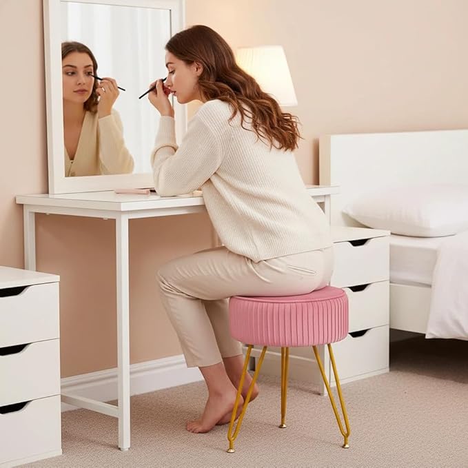 Velvet Vanity Stool, Modern Ottoman Foot Rest Stool with Adjustable Golden Legs, Makeup Chair for Vanity, Multifunctional Small Vanity Chair for Bedroom, Pink