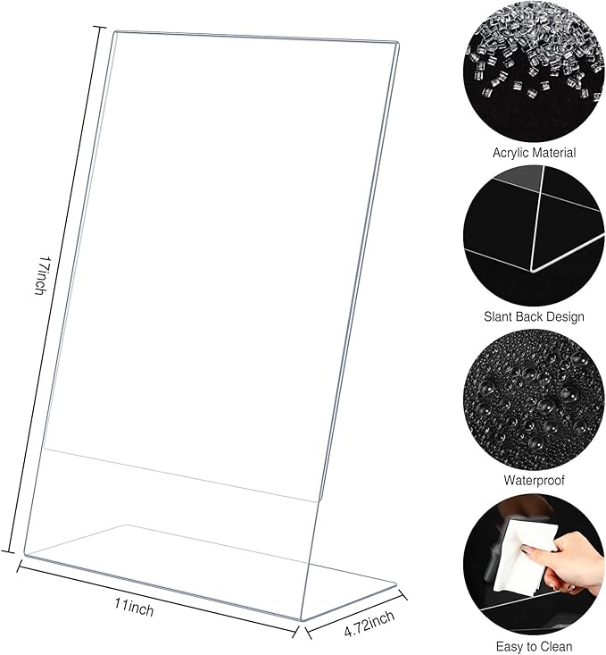 Sanwuta 2 Pack Acrylic Sign Holder,Slant Sign Display Stand,Transparent Flyer Holder Frame Plastic Document Display for Workers Teachers Office Home Menu Desktop(11 x 17 Inch)