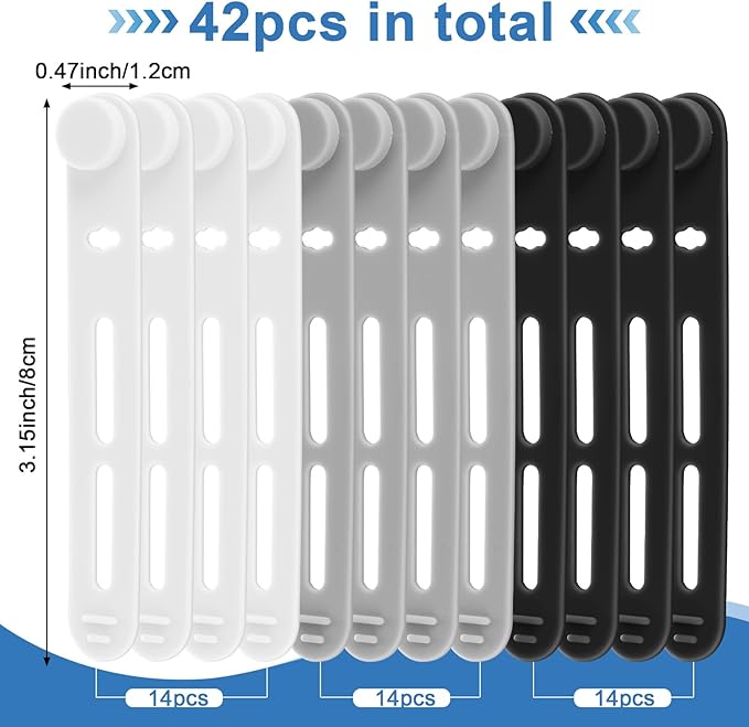Tellegloww 42 Pcs Silicone Cable Ties Reusable Cord Organizer Adjustable Data Cable Wraps for Earphone Phone Charger Computer Cord Management Straps Travel Essentials(Black, White, Gray,3.15 Inch)