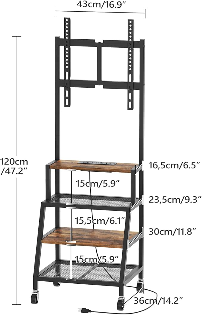 MAHANCRIS Rolling TV Stand with Mount, Corner TV Console with Wheels Up to 50 Inches, Entertainment Center with Storage, Small TV Stand with Power Outlet for Living Room, Rustic Brown TVHR117E01