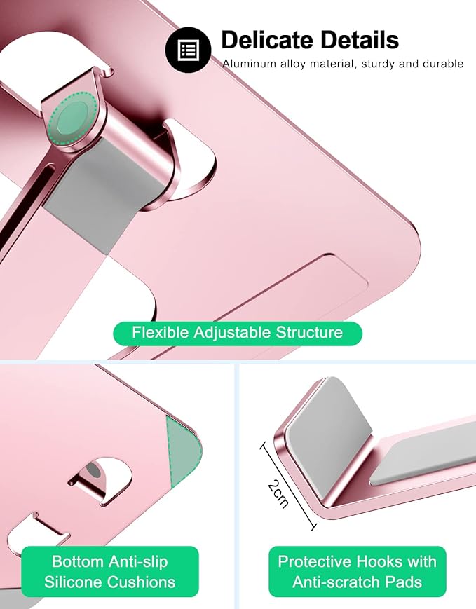 RIWUCT Foldable Aluminum Alloy Laptop Stand for Desk, Height Adjustable Ergonomic Computer Stand, Portable Laptop Riser Holder Notebook Mount Compatible with MacBook Pro Air/HP/Dell 10-16", Pink