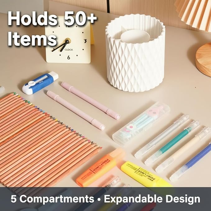 White Pen Holder for Desk, 360° Rotating Pencil Holder with 5 Slots - Spinning Desk Organizer & Pencil Cup for Art Supply, Office Pen Organizer for Home, School, Desk Accessories