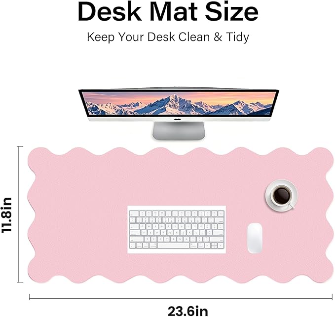 Scalloped Pink Desk Mat, 23.6" x 11.8" Waterproof Large Desk Mat, Non-Slip Computer Mouse Pad and Keyboard Mat, Pink Cute Desk Mat for Office, Work, Home, or Vanity