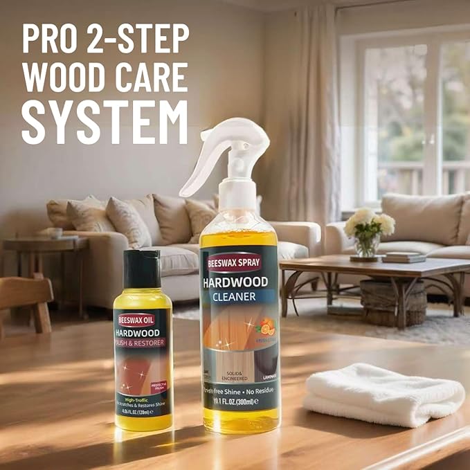 Furniture Polish Kit: Wood Cleaner Spray & Nourishing Care Oil – For Floors, Kitchen Tables, Desks & All Home Wood Furniture (300ml+120g)