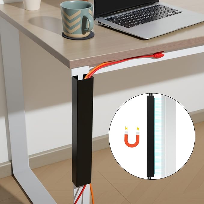 Blulu 1 Pack Steel Magnetic 14 Inch Cable Management Channel for Under Desk Leg Vertical Wire Hider Cover Cable Desk Organizer No Drill Cord Organizer Cord Hider Management for Home Office (Black)