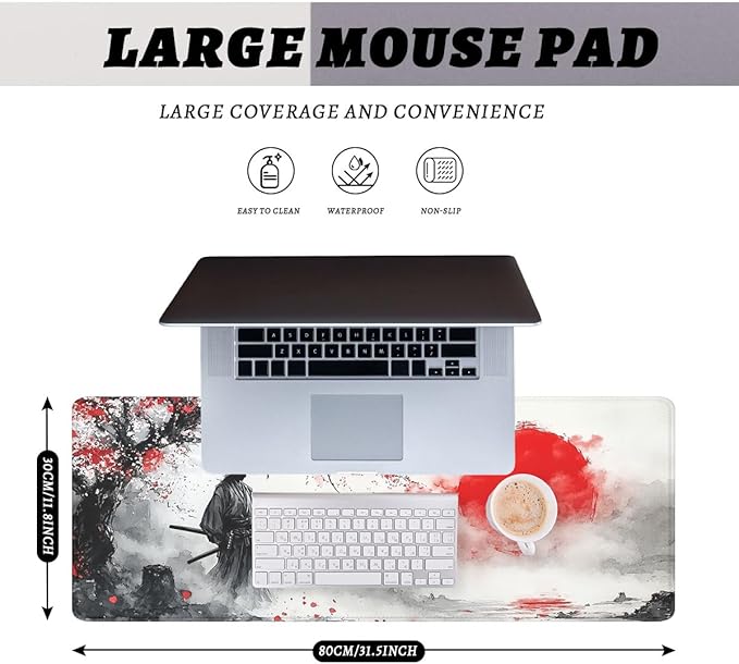 Japanese Samurai Mouse Pad Red Sun Landscape Mousepad XL Large Gaming Mouse Pad Laptop Keyboard Mat Desk Pad Office Computer Keyboard Laptop 31.5"x11.8"