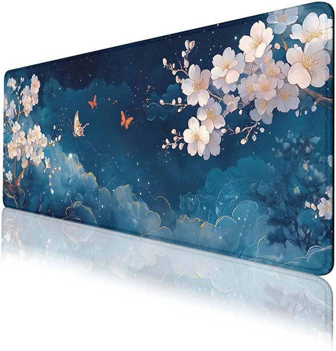 Cherry Blossoms Mouse Pad Japan Watercolor Sky Butterflies Extended Mousepad Waterproof Stitched Edges Rubber Base Non-Slip Deskpad Computer Keyboard Mat 31.5x11.8 in