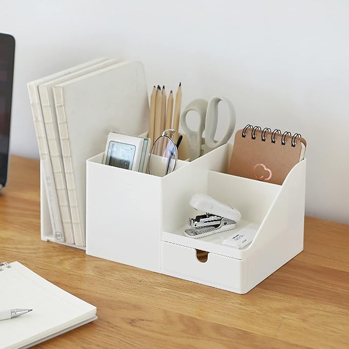 Desk Organizer with Bookshelf White Desktop Organizers and Accessories Bookends Multifunctional Office Stationary Organizer with Drawer Plastic Makeup Storage Box (Small, Beige)