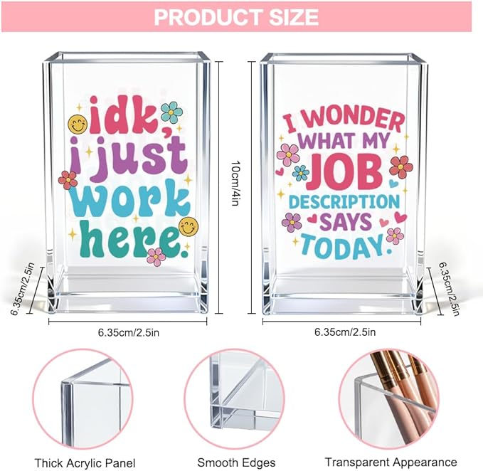 Idk I Just Work Here Acrylic Pen Holder Cup Set 2, Cute Pencil Holder Desk Organizer, Funny Desk Accessories, Sarcastic Gag Office Gifts for Women Coworkers Teachers Work Besties Boss Employees