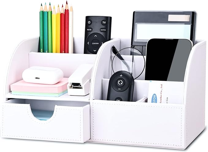 KINGFOM Pu Leather Desk Organizer Pen Pencil Holder Office Supplies Caddy Storage Box 6 Compartments with Drawer White (Full Pu Leather)