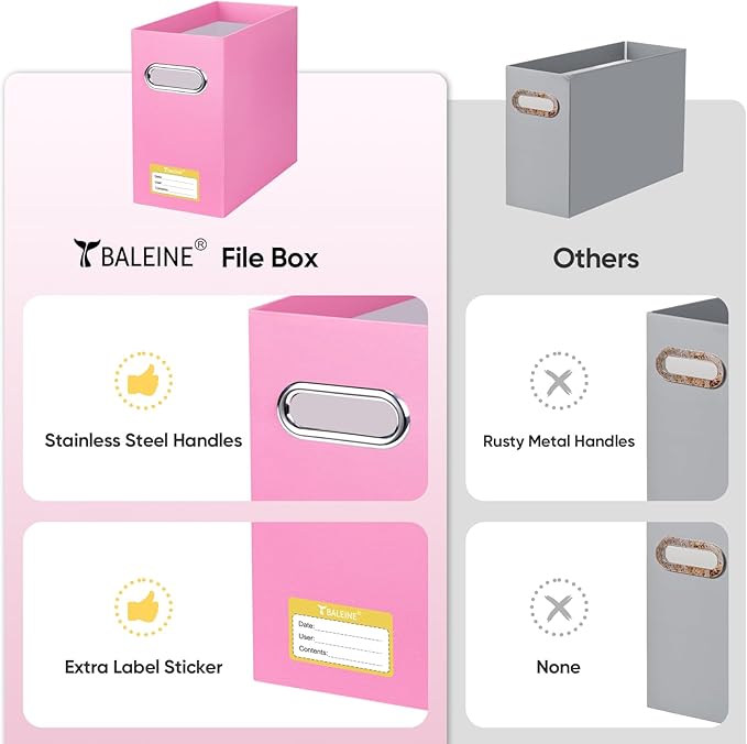 BALEINE File Organizer Box, Cardboard File Folder Organizer with Handle for Letter Size, Portable Collapsible Hanging Filing Box for Home Office Document Storage (1 Pack, Pink)