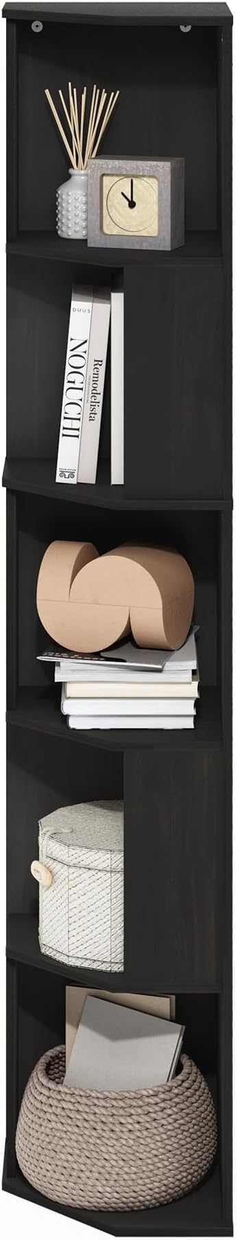 Furinno ECON Corner Shelf, 5-Tier Corner Book Shelf, Standing Storage Shelves, Cube Display Rack, Bookshelf, for Organization and Storage, Living Room, Home Office, Espresso