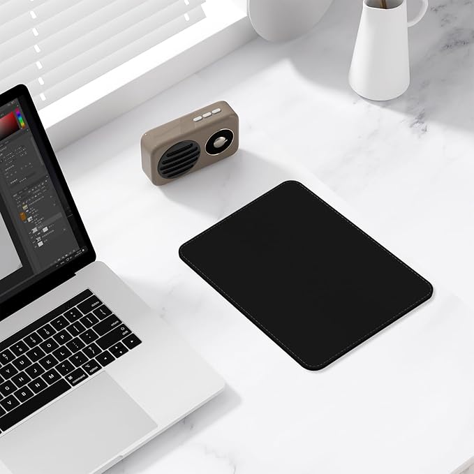 Leather Mouse Pad, Office Mouse Mat Non-Slip Rubber Base Stitched Edge Washable Waterproof Rectangular Mousepad for Office Gaming PC Laptop, 9.8" x 7.9", Black