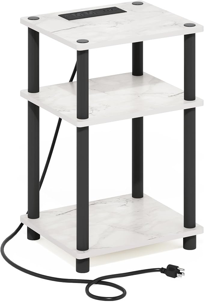 Furinno Just 3-Tier Turn-N-Tube USB and Type-C Charging Port End Table with Open Storage, 11.42 (W) x 8.82 (H) x 6.77 (D) inches, Marble White/Black