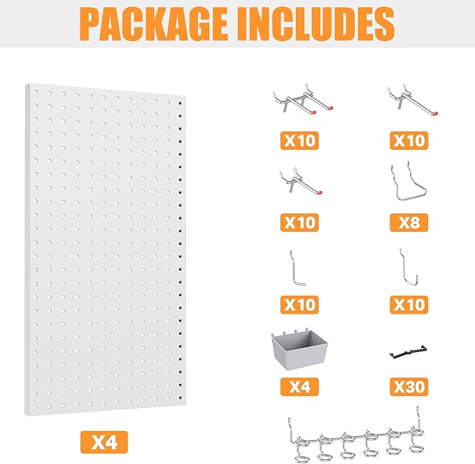 TORACK Garage Tools Organizer Boards Kit with Hooks, Modular Wall-Mounted Tool Storage Pegboard for Workbench(Gray, 4 Panels with Hooks)