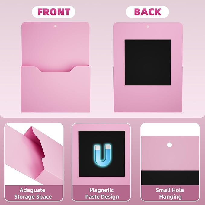 Magnetic File Holder - Magnetic Paper Holder, Pocket Organizer Office Supplies Storage Mail Organizer for Notebooks,Planners,Letter (Pink)