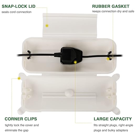 Flemoon Outdoor Extension Cord Safety Cover with Waterproof Protector Seal, Weatherproof Electrical Connection Box for Outdoor Outlets, Plugs, Sockets, Holiday Decorations, Power Tools, White
