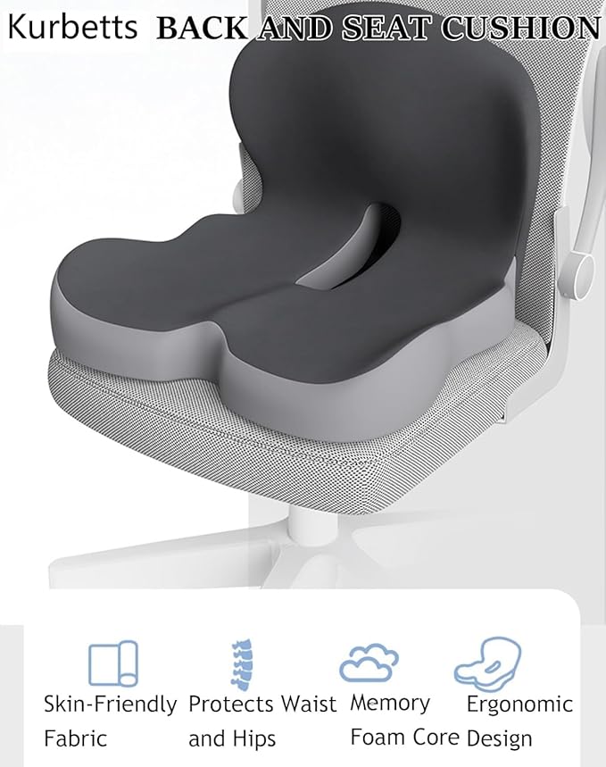Orthopedic Cushion,Ergonomic Memory Foam L-Shaped Integrated Seat Cushions with Adjustable Strap,Ultra Breathable Non-Slip Design for Office Chair,Car,Wheelchair (Black)