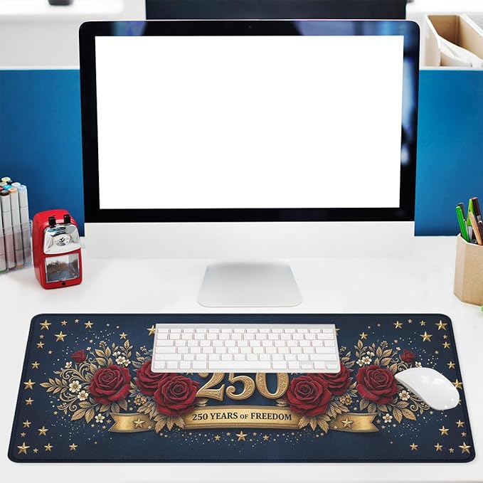 250 Years of Freedom Gaming Mouse Pad Cartoon Flowers USA Commemorative Mousepad Extended Large Laptop Keyboard Non-Slip Rubber Base with Stitched Edges for Home 31.5x11.8 Inch