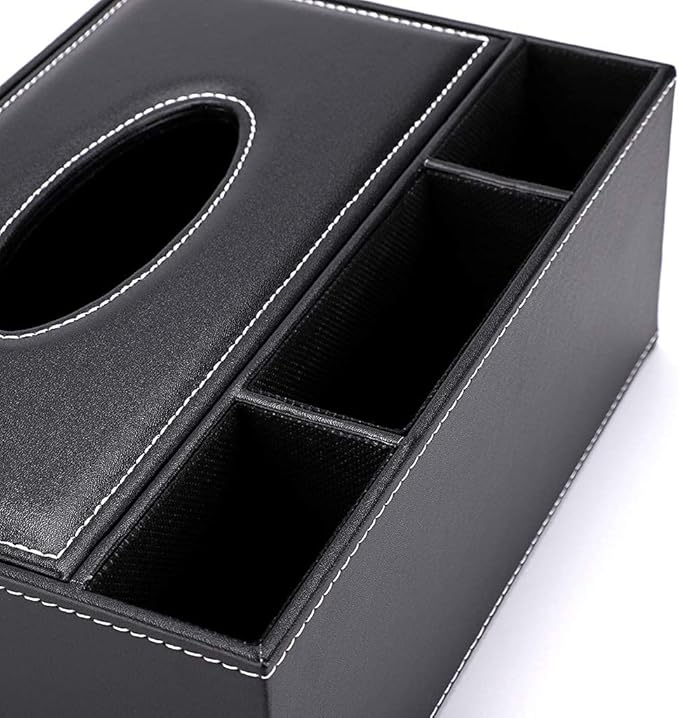 PU Leather Tissue Box Cover - Multifunctional Tissue Box Holder with Stationery Remote Control Box - Elegant and Stylish Home Napkin Holder Desktop Tissue Paper Holder Desk Storage Organizer (Black)