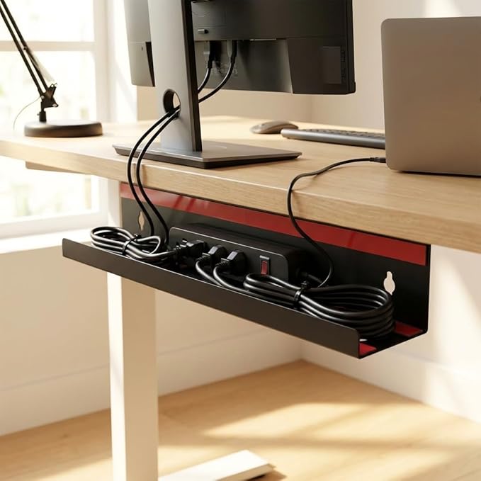 Ickmomo Self-Adhesive Cable and Desk Cover Management Trays (4 Pack, Black) - No Drill Desk Cable Organizer for Electronics Wires, Tidy Office/Desks/Living Room Cables