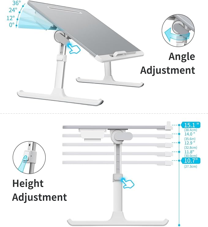 Laptop tray, SAIJI 60*45cm Table lap for bed, Multi-purpose Premium Lapdesk, Height Angle adjustable, with Book Stand, Drawer, Tablet slot, for Eating, Working, Writing, Gaming, Drawing (Light Grey)