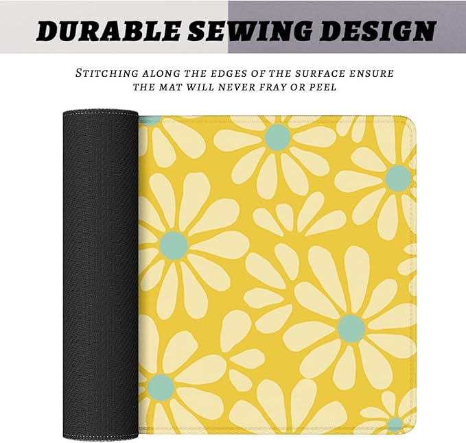 Daisy Flower Desk Pad Mouse Pad Cute Yellow Retro Floral Extended Gaming Mouse Pad Mat with Stitched Edge Non-Slip Base Big Mousepad 31.5"x11.8"