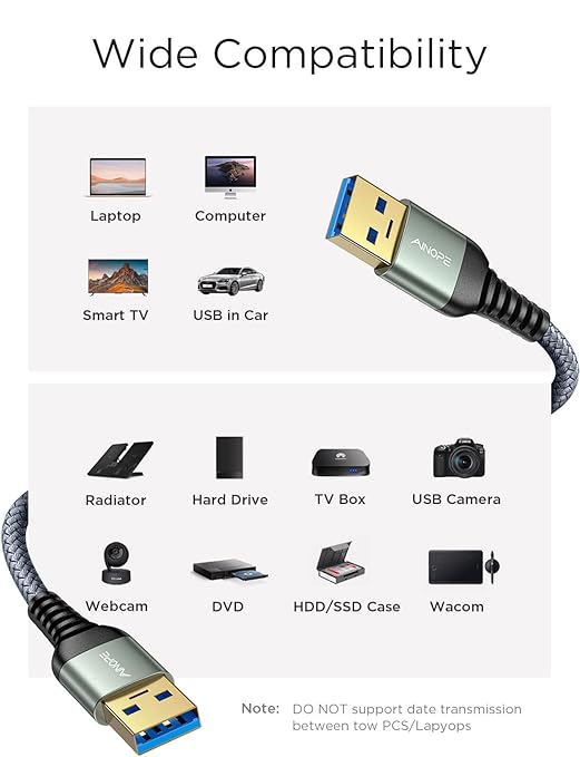 AINOPE USB to USB Cable, USB 3.0 A to A Male to Male Cable [Never Rupture] Double End Type A Cord Compatible with Hard Drive Enclosures, KVM, DVD Player, TV, Laptop Cooler,1.5Ft/Grey, 1 Pack
