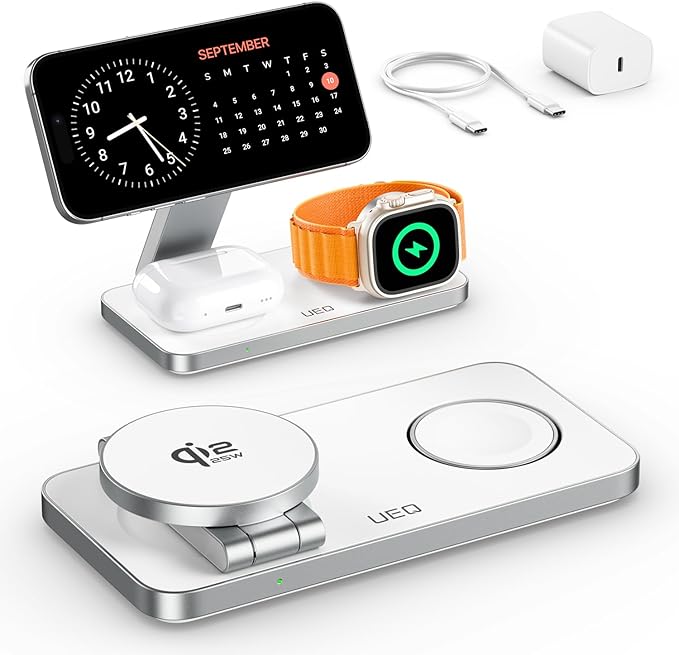 UEQ 3-in-1 Charging Station for Apple Devices,QI2.2 25W Ultra-Fast Magnetic Wireless Charger Stand,Compatible with MagSafe,Foldable Travel Charger for iPhone Air/17/16/15/14/13/12,Apple Watch,AirPods