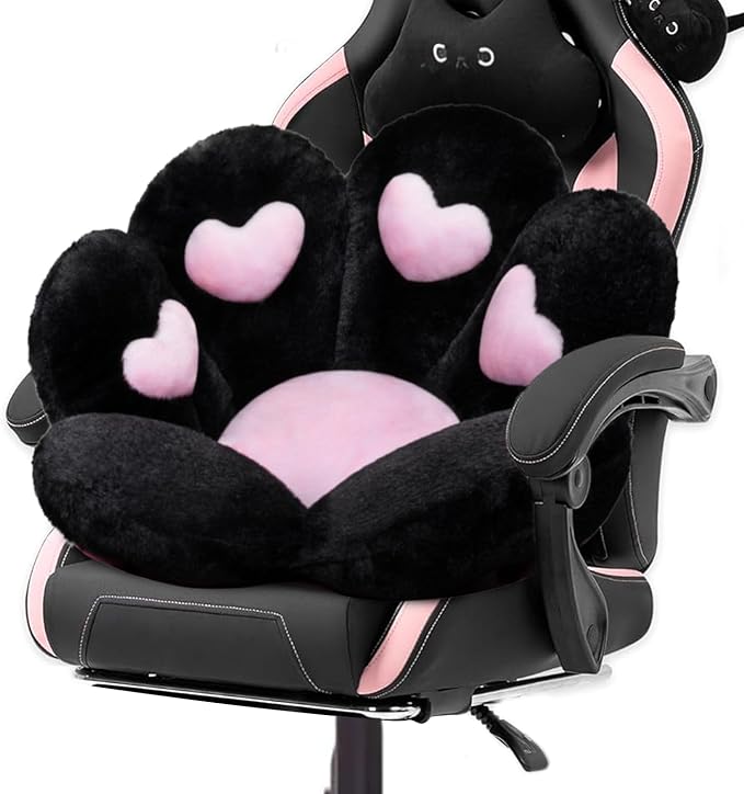 DOBUONO Cat Paw Cushion Kawaii Office Chair Cushion Comfy Plush Gaming Chair Cushion Kawaii Seat Cushion for Girl, Cute Gaming Accessories Room Bedroom Decorate 28"x 24" (Black)