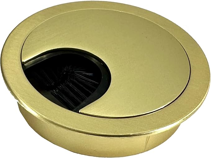 Satin Brass Metal Cable Grommet | 2 Piece "Lock in" Feature with "Brush" Opening for Management of Office & Computer Desk Wires | 60mm (2 3/8") Hole Opening | 1 Pack