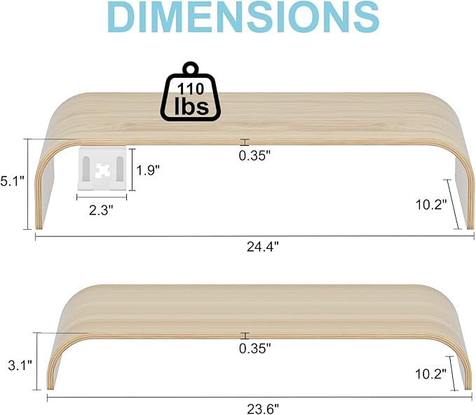 Wood Dual Monitor Stand Riser, 2-Tier Computer Monitor Riser with Phone Holder, Desktop Organizer Shelf for 2 Monitors, Laptop & Printer, No Assembly, Max Load 110lbs, One-Piece Curved Design