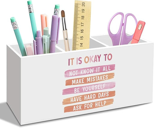 It Is Okay to Pink Pen Pencil Holder for Desk, Mental Health Office Desk Accessories, Inspirational Pen Holders Organizer for Office Classroom Therapy School, Mental Health Decor