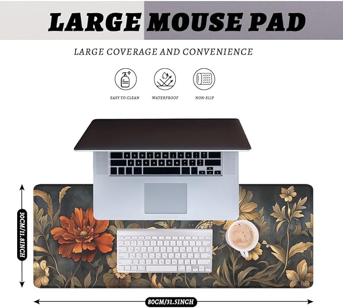 Vintage Floral Gaming Mouse Pad Dark Botanical Art Extended Gaming Mouse Pad Mat with Stitched Edge Non-Slip Base Office Computer Keyboard Laptop 31.5"x11.8"