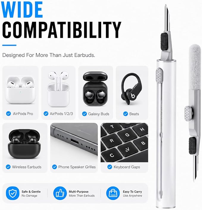 Hyashee Cleaner Kit for AirPods Pro 3/2/1, 3-in-1 Earbud Cleaning Pen with Metal Tip, Soft Brush & Flocking Sponge, Cleaning Tool for Wireless Earbuds, Charging Case, Phone, Keyboard & Electronics