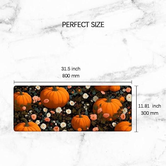 Gaming Mouse Pad Large Desk Mat Extended Keyboard Mouse Pad Mousepad with Non-Slip Base and Stitched Edge Mouse Mat Desk Pad Mouse Pads for Desk Home Office Gaming Pumpkin Flowers