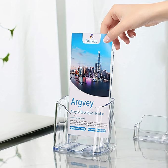 Argvey Acrylic Brochure Holder 4x9 Inch, Clear Pamphlet Holder Display Stand for Trifold 4 Inch Flyers, Booklets, Table Signs, Plastic Rack Card Holder for Office, Home, Store, 6 Pack